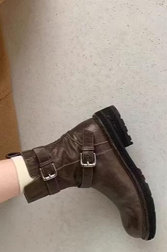 Leather Mid-Calf Buckle Boots