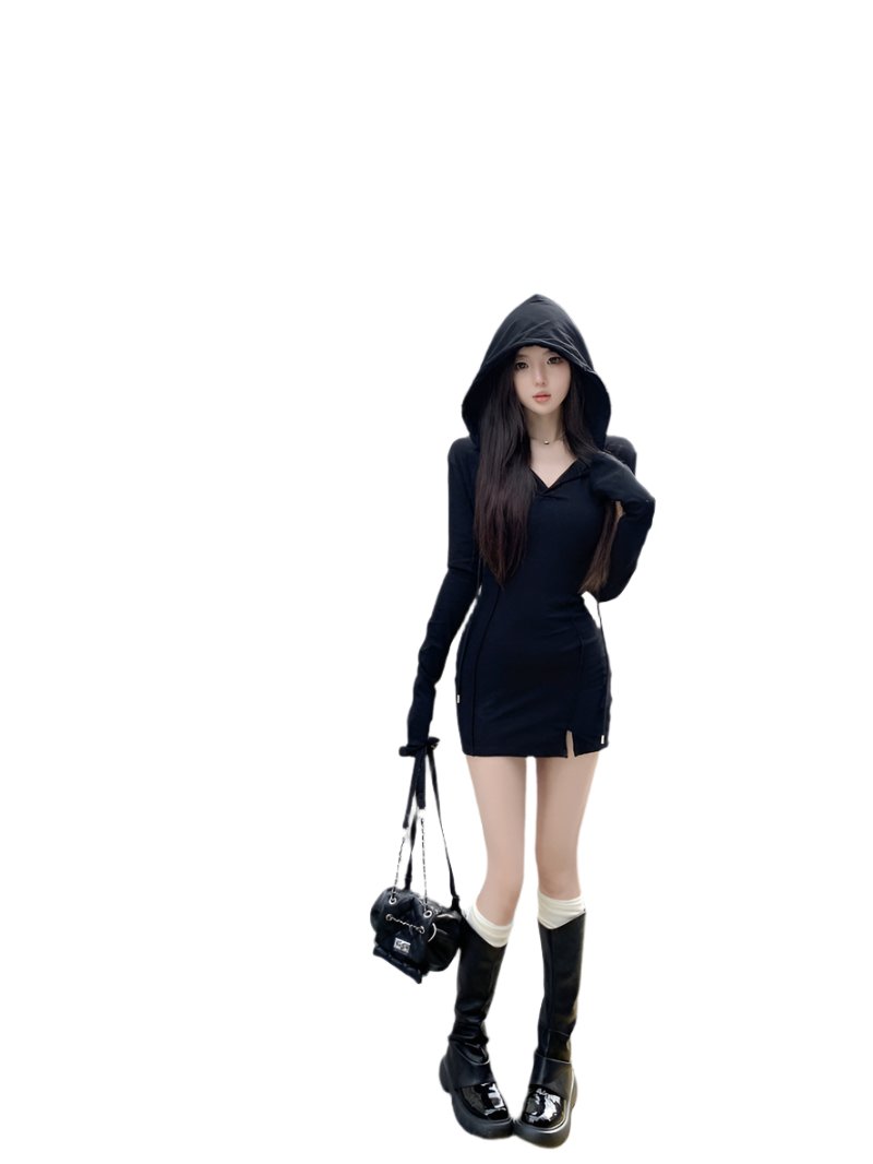 Acubi style mini black dress hood